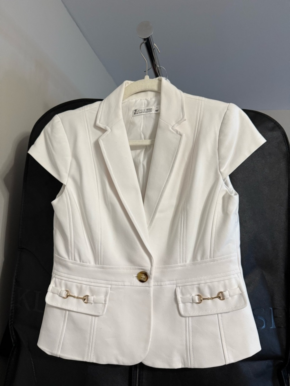 White Tailored Short-Sleeve Blazer with Gold Hardware